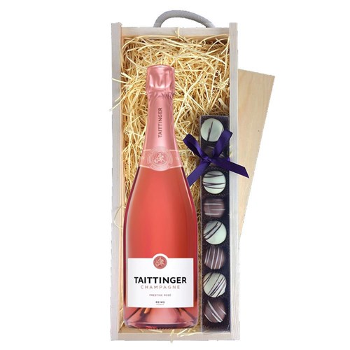 Taittinger Rose Champagne 75cl & Truffles, Wooden Box